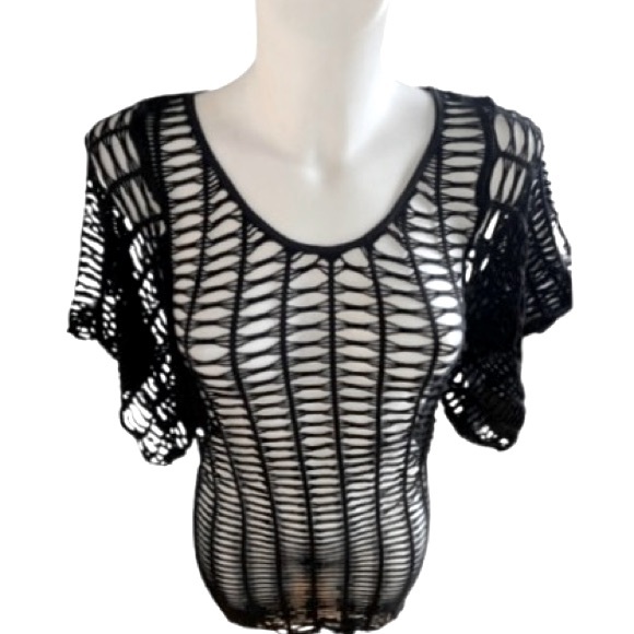 Bebe Solid Black Mesh Fishnet Bat Wing Sleeves Mini Dress / Swim Cover Up Small - Picture 6 of 13